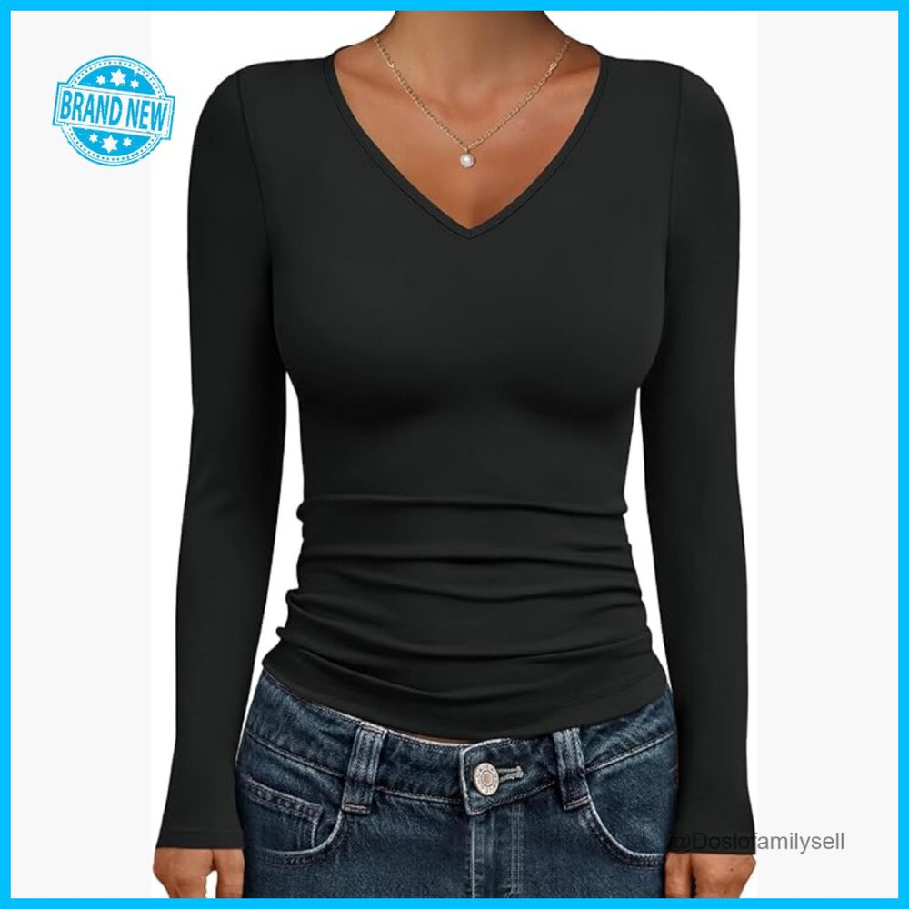 Long Sleeve V-Neck Slim Fitted Basic Tee Y2K Fash… - image 1